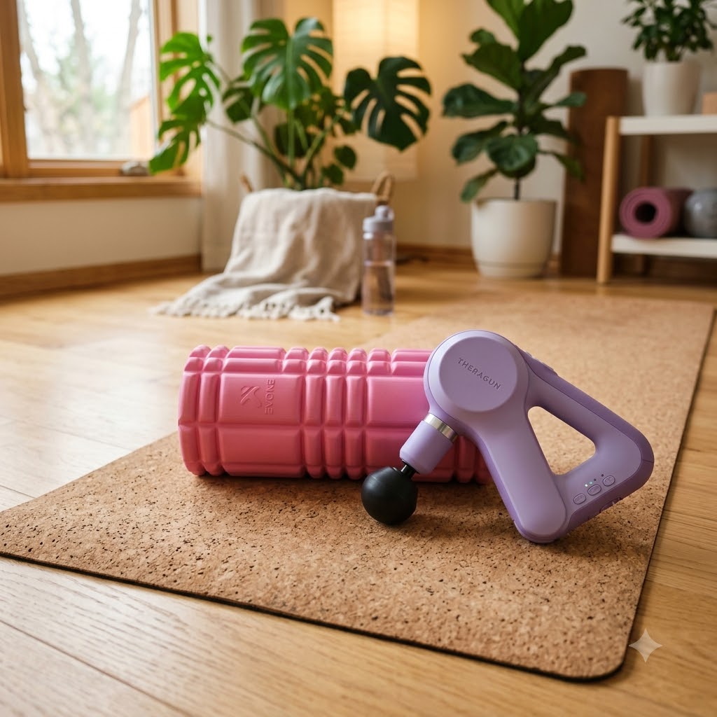 A purple and black massage gun and a pink foam roller rest on a cork yoga mat on a wooden floor in a bright, plant-filled room.