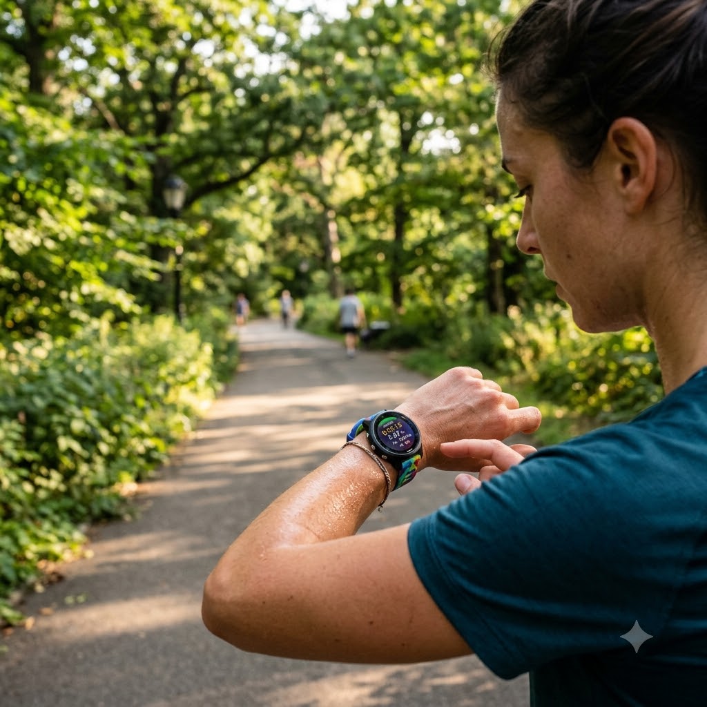 A woman in a teal athletic shirt checks the time on a colorful smartwatch with a dark band, standing on a sunlit park path surrounded by lush green trees.