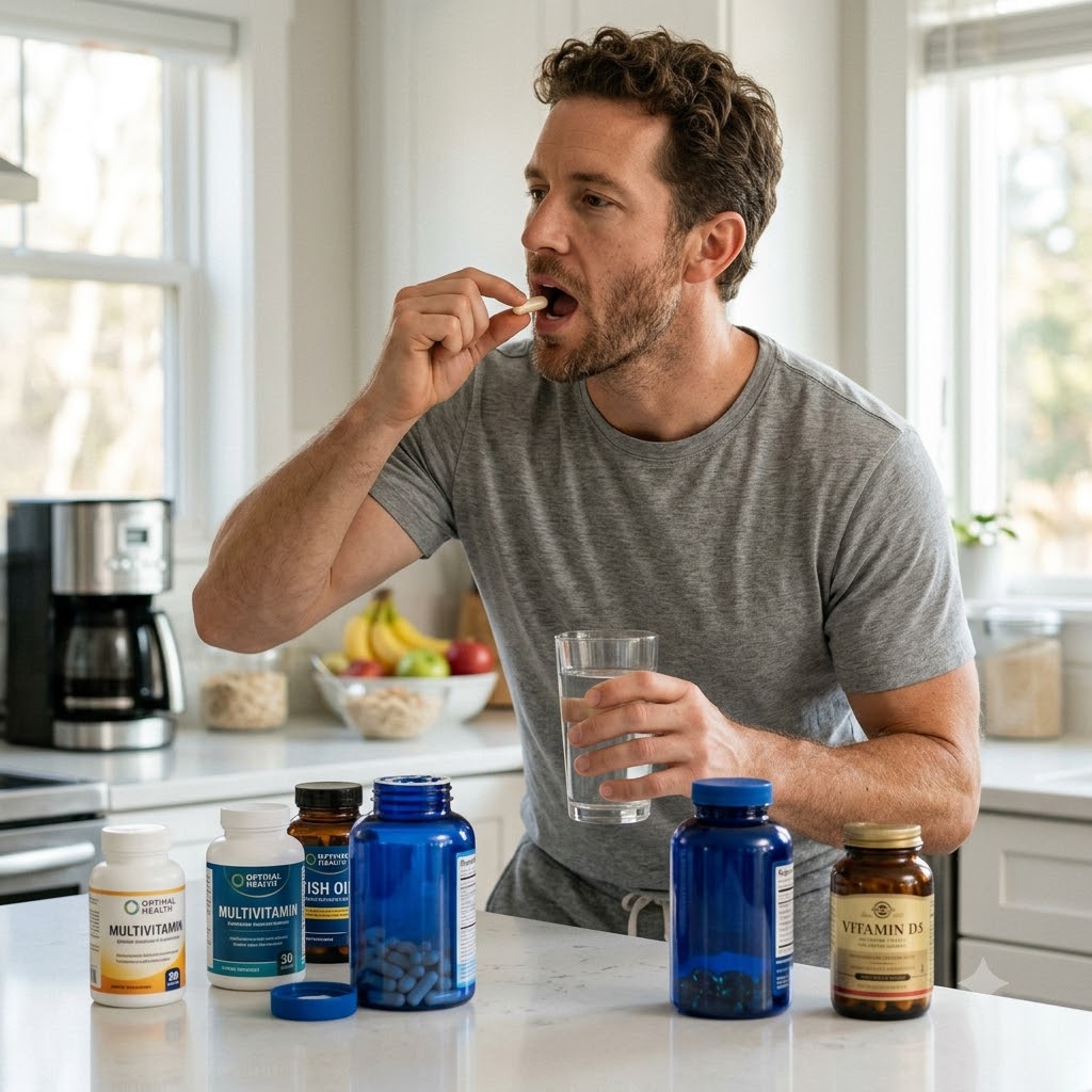 A man in a gray t-shirt stands in a bright kitchen, taking a blue pill from a spoon while holding a glass of water. Several supplement bottles, including Multivitamin, Vitamin D, and Omega-3, are arranged on the white countertop in front of him.