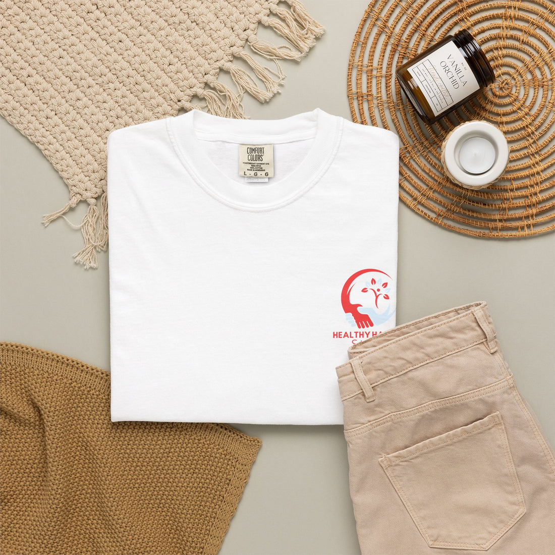 Healthy Harbor Store T-Shirt — Logo Tee with Caring Hands & Leaf Design