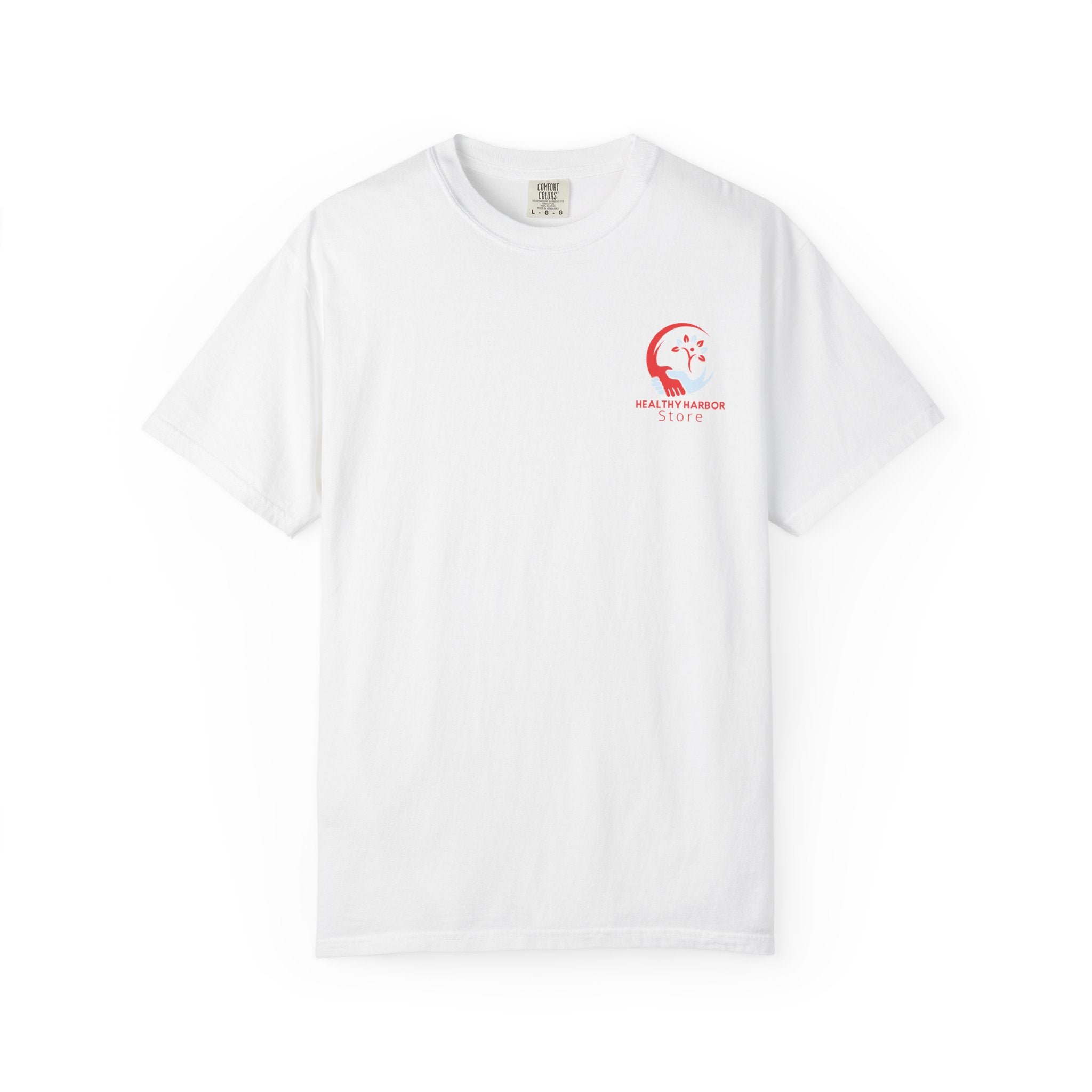Healthy Harbor Store T-Shirt — Logo Tee with Caring Hands & Leaf Design