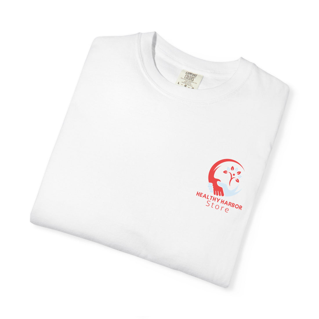 Healthy Harbor Store T-Shirt — Logo Tee with Caring Hands & Leaf Design