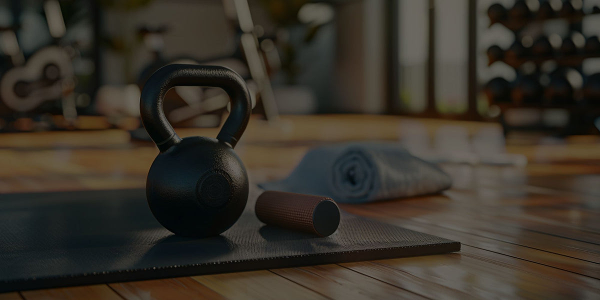 A black kettlebell and a brown foam roller resting on a black yoga mat on a wooden floor, with a rolled-up gray towel in the background of a gym setting.