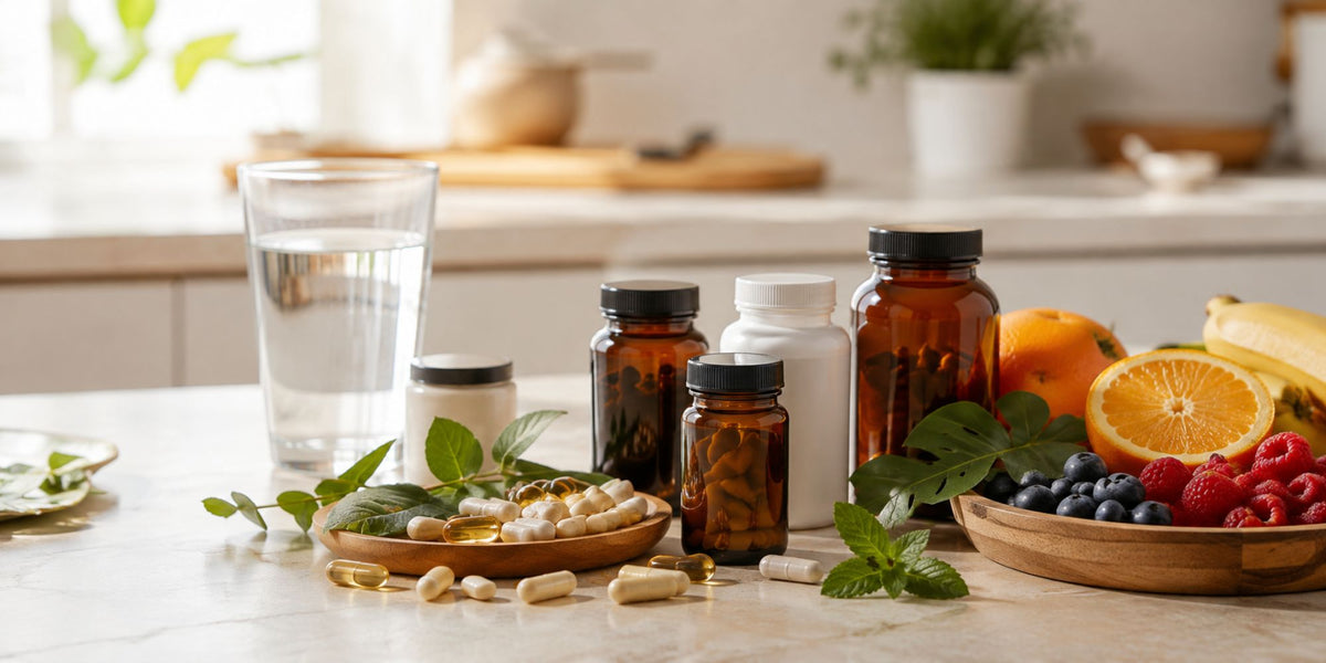 A set of dietary supplement products including amber and white bottles with capsules, arranged on a kitchen counter alongside a glass of water, fresh fruits like oranges, berries, and bananas, and mint leaves.