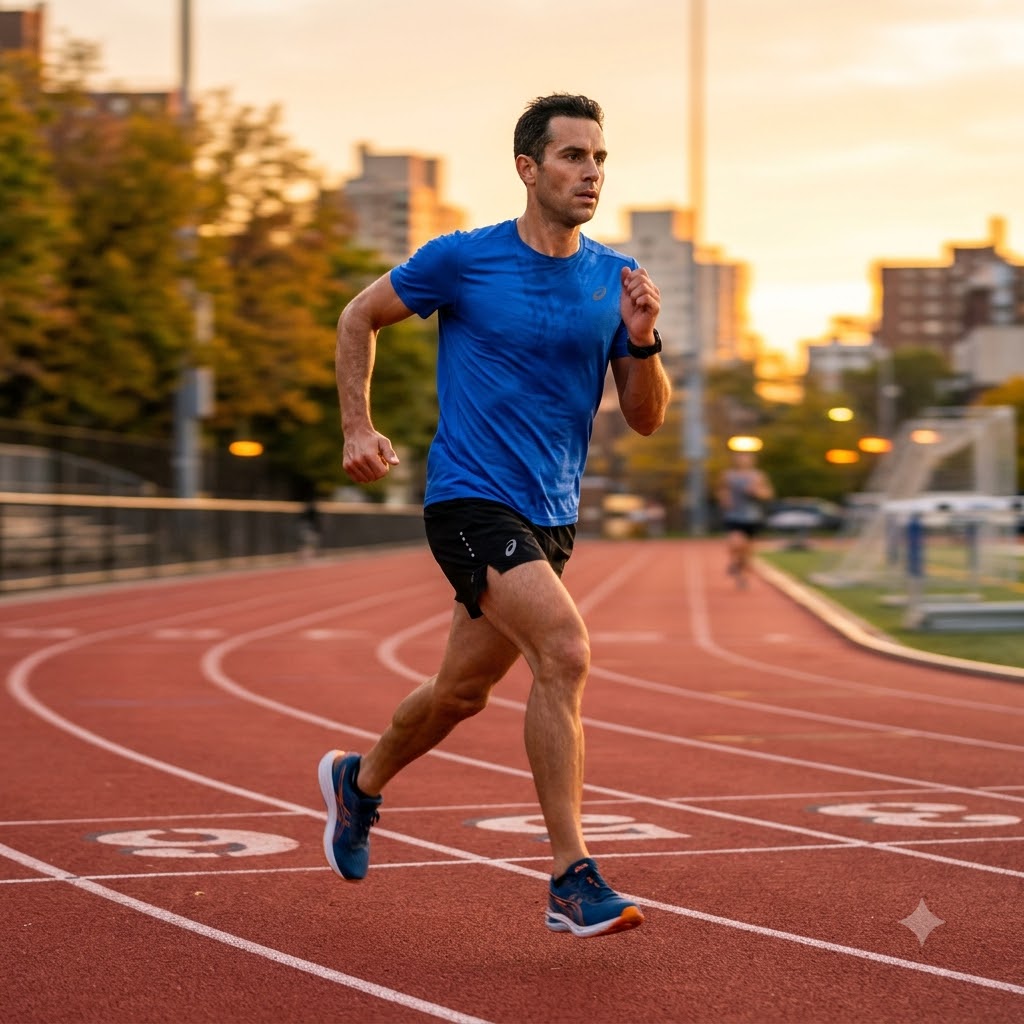 A man running on a red athletic track during sunset, wearing a bright blue short-sleeve athletic shirt, black running shorts, and blue running shoes.