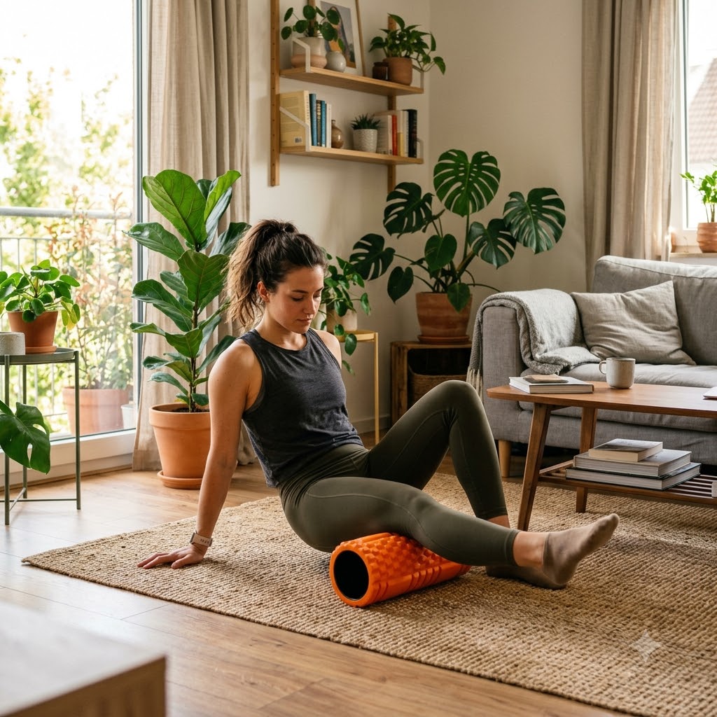 A woman in a home office setting, using an orange textured foam roller on her calf while wearing a dark gray tank top and olive green leggings.