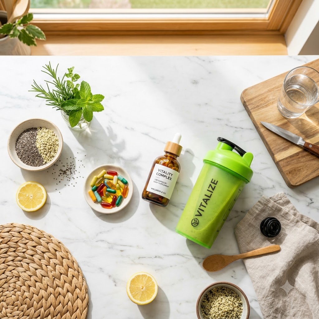 A bright green VITALIZE shaker bottle is arranged on a white marble countertop with a wooden cutting board, glass of water, lemon slices, capsules, seeds, and a small amber bottle. The scene is styled with natural light from a window in the background.