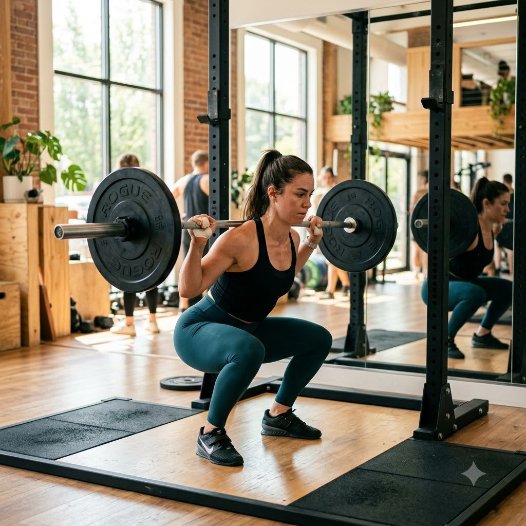 A woman in a black tank top and teal leggings performs a squat with a barbell on a weight bench in a bright, modern gym with wood floors and brick walls.